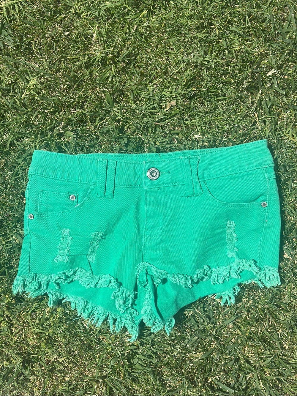 Wet Seal Teal Frayed Hem Green Denim Shorts